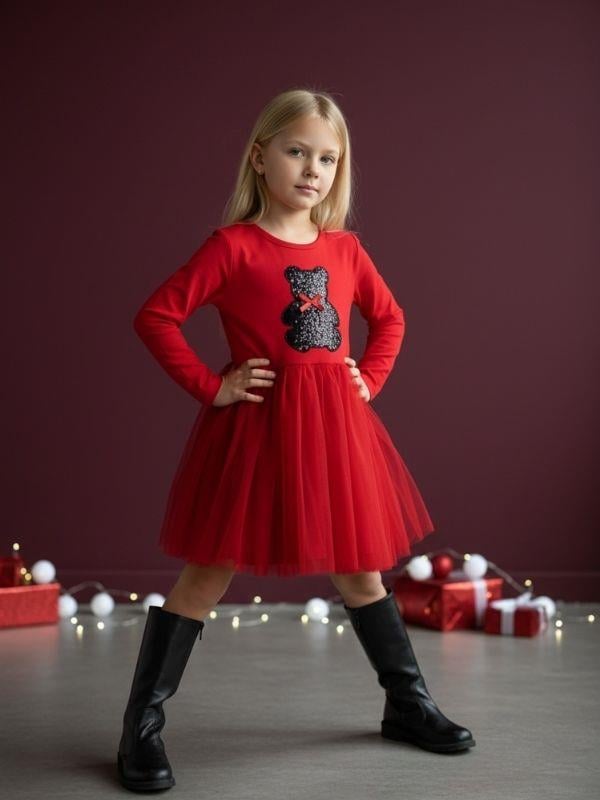Kız Çocuk Pamuklu Ayıcık İşlemeli Kırmızı Tütülü Elbise