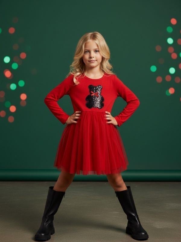 Kız Çocuk Pamuklu Ayıcık İşlemeli Kırmızı Tütülü Elbise