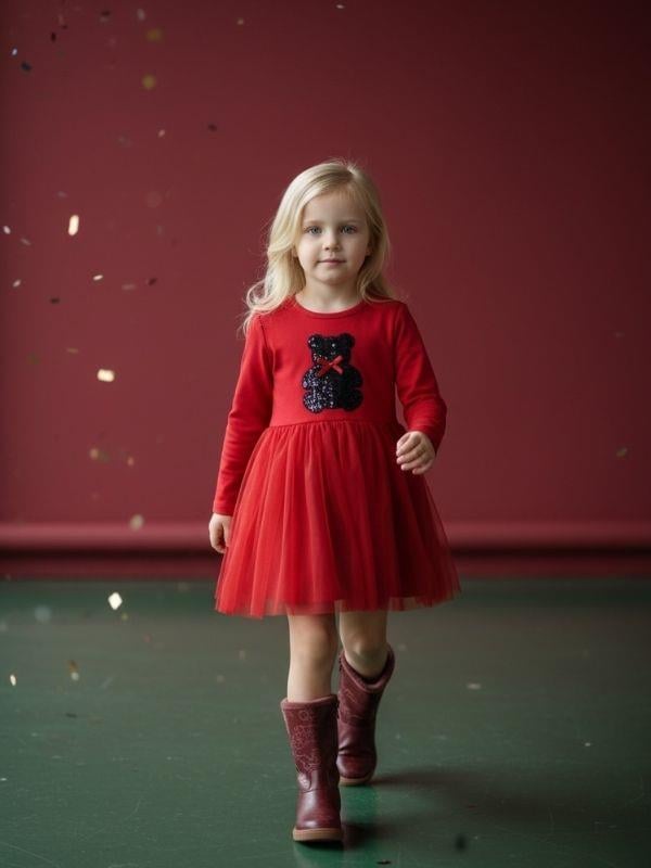 Kız Çocuk Pamuklu Ayıcık İşlemeli Kırmızı Tütülü Elbise