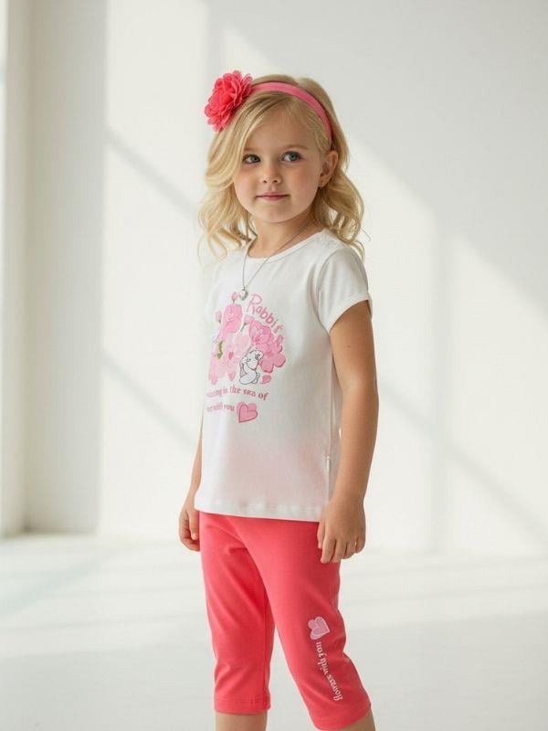 Kız Çocuk Pamuklu Baskılı Kapri Taytlı Takım