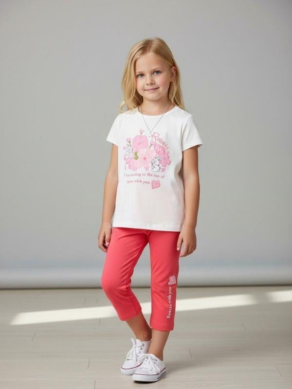 Kız Çocuk Pamuklu Baskılı Kapri Taytlı Takım