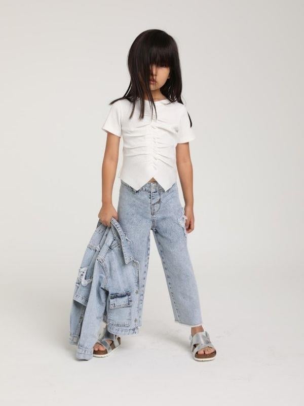 Kız Çocuk Pamuklu Bel Ayar Lastikli Yıldız İşlemeli Kot Pantolon