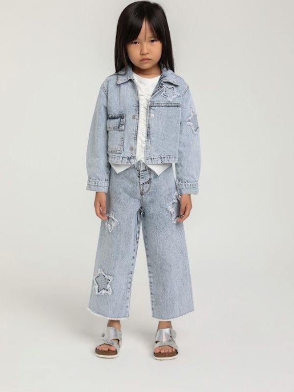 Kız Çocuk Pamuklu Bel Ayar Lastikli Yıldız İşlemeli Kot Pantolon