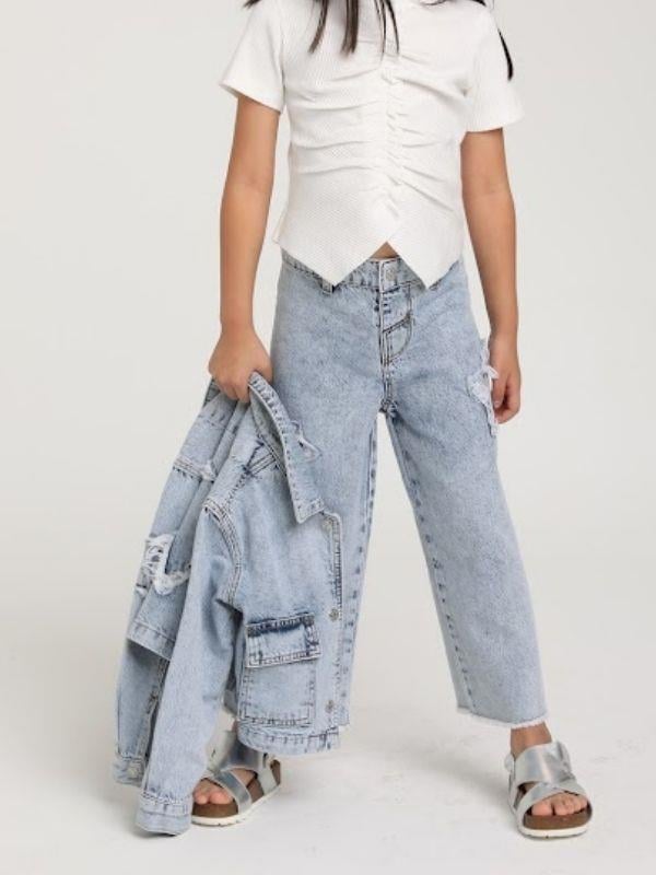 Kız Çocuk Pamuklu Bel Ayar Lastikli Yıldız İşlemeli Kot Pantolon