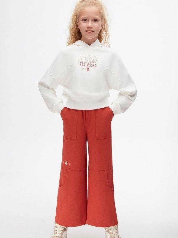 Kız Çocuk Pamuklu Bel Lastikli Cep Detaylı Bol Paça Eşofman Altı