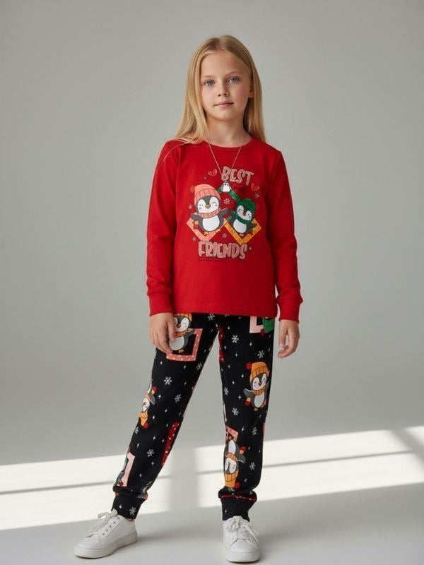 Kız Çocuk Pamuklu Best Friends Penguen Baskılı Pijama Takımı