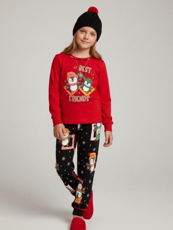 Kız Çocuk Pamuklu Best Friends Penguen Baskılı Pijama Takımı