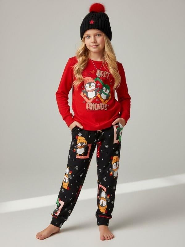 Kız Çocuk Pamuklu Best Friends Penguen Baskılı Pijama Takımı