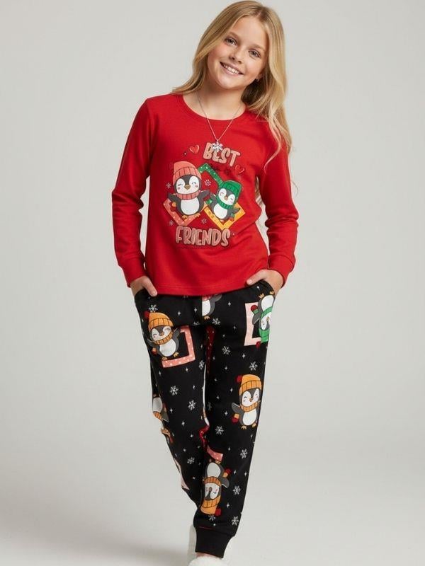 Kız Çocuk Pamuklu Best Friends Penguen Baskılı Pijama Takımı