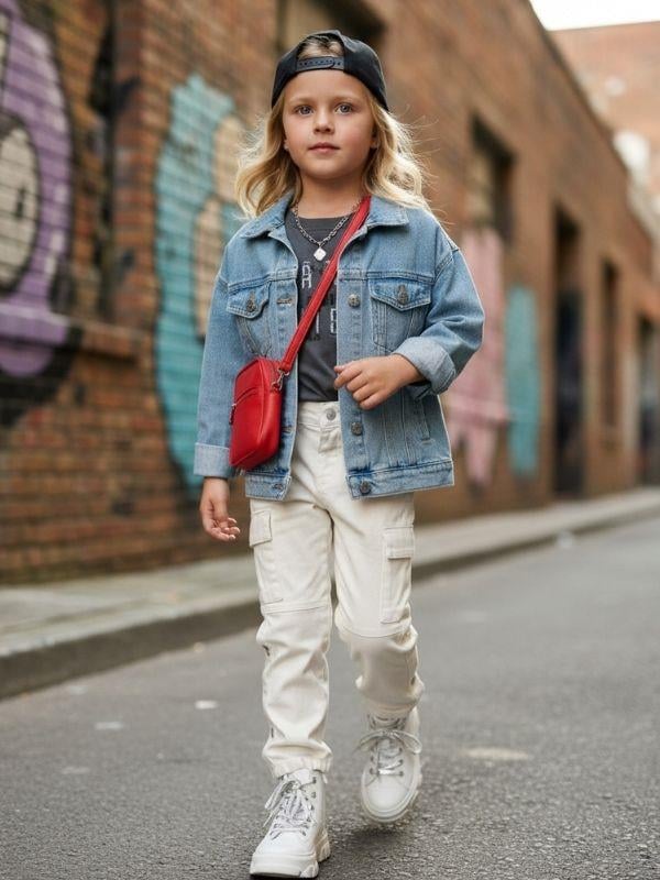 Kız Çocuk Pamuklu Cep Detaylı Yırtmaçlı Pantolon