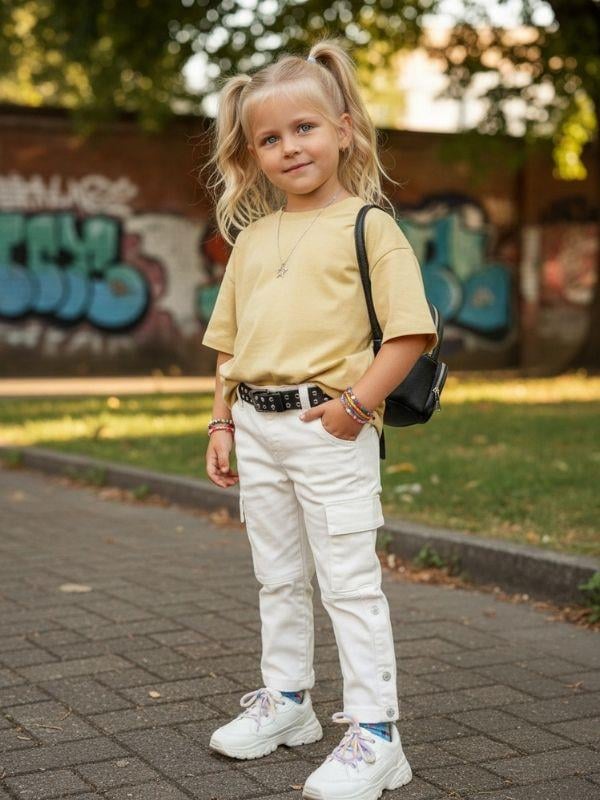 Kız Çocuk Pamuklu Cep Detaylı Yırtmaçlı Pantolon