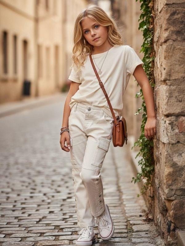 Kız Çocuk Pamuklu Cep Detaylı Yırtmaçlı Pantolon