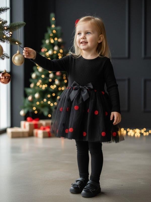 Kız Çocuk Pamuklu Çiçek İşlemeli Tütülü Uzun Kollu Elbise