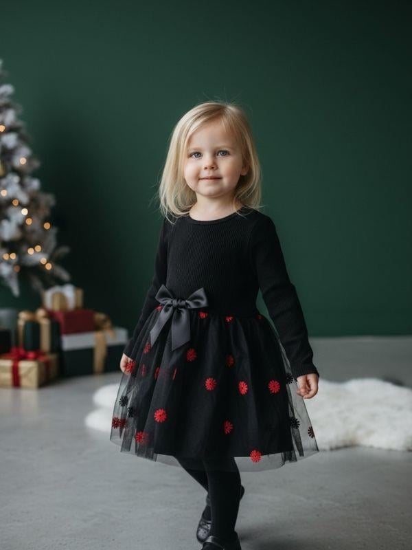 Kız Çocuk Pamuklu Çiçek İşlemeli Tütülü Uzun Kollu Elbise