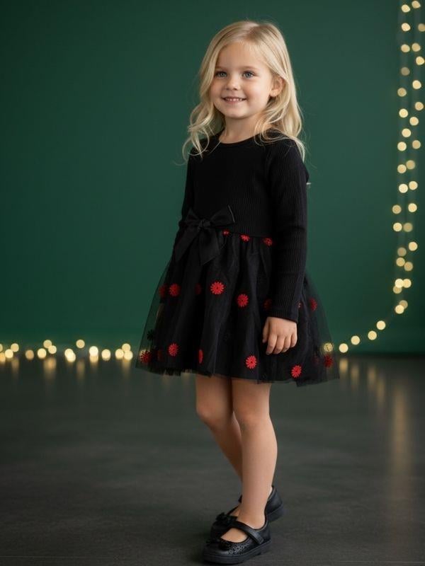 Kız Çocuk Pamuklu Çiçek İşlemeli Tütülü Uzun Kollu Elbise