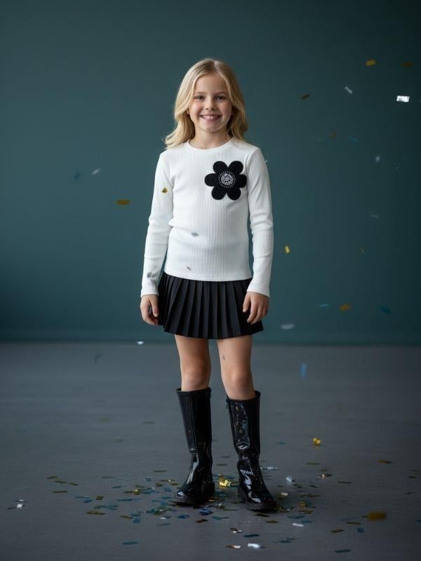 Kız Çocuk Pamuklu Çiçek İşlemeli Uzun Kollu Kaşkorse Bluz