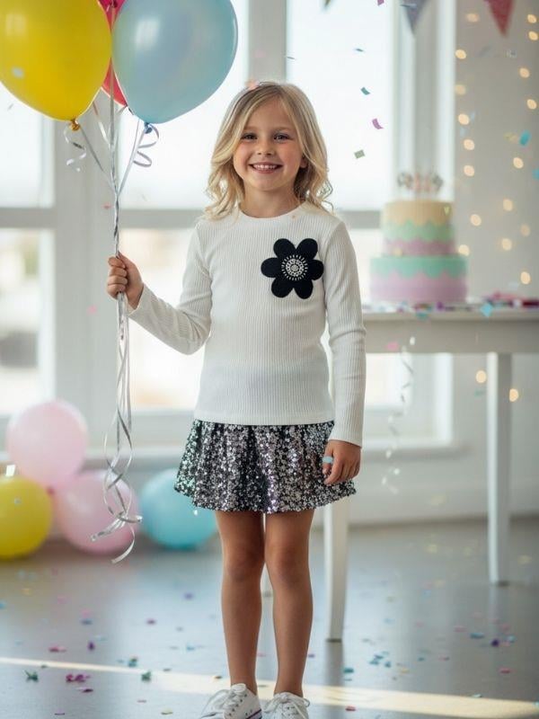 Kız Çocuk Pamuklu Çiçek İşlemeli Uzun Kollu Kaşkorse Bluz