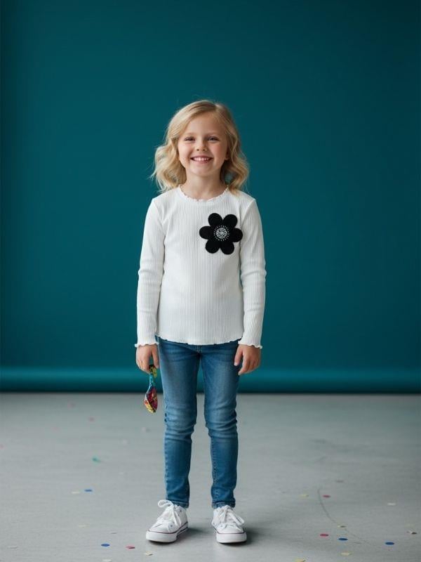 Kız Çocuk Pamuklu Çiçek İşlemeli Uzun Kollu Kaşkorse Bluz
