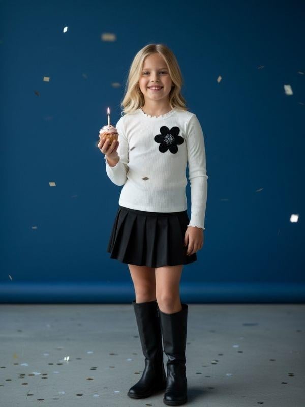 Kız Çocuk Pamuklu Çiçek İşlemeli Uzun Kollu Kaşkorse Bluz