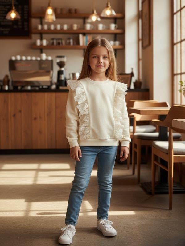 Kız Çocuk Pamuklu Dantel Detaylı Sweatshirt