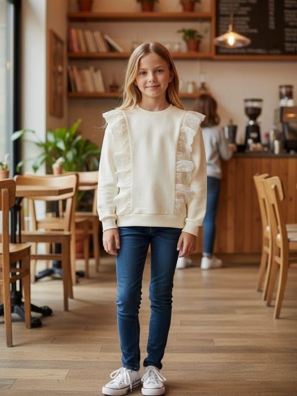 Kız Çocuk Pamuklu Dantel Detaylı Sweatshirt