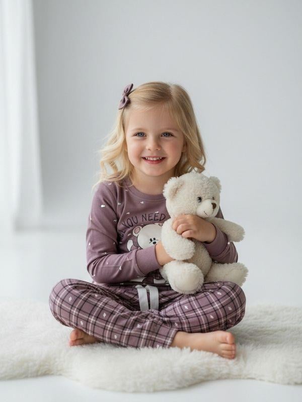 Kız Çocuk Pamuklu Ekose Desenli Ayıcıklı Pijama Takımı