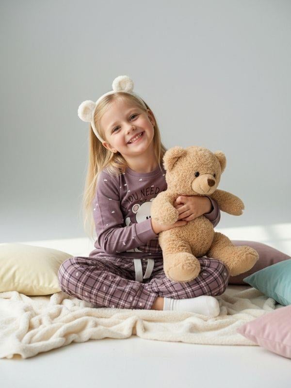 Kız Çocuk Pamuklu Ekose Desenli Ayıcıklı Pijama Takımı