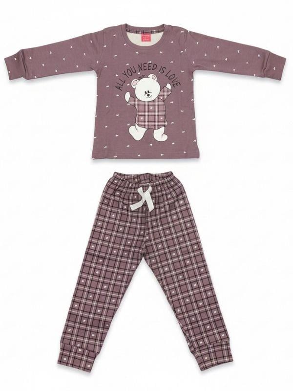 Kız Çocuk Pamuklu Ekose Desenli Ayıcıklı Pijama Takımı