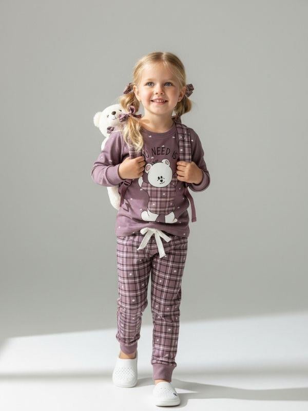 Kız Çocuk Pamuklu Ekose Desenli Ayıcıklı Pijama Takımı