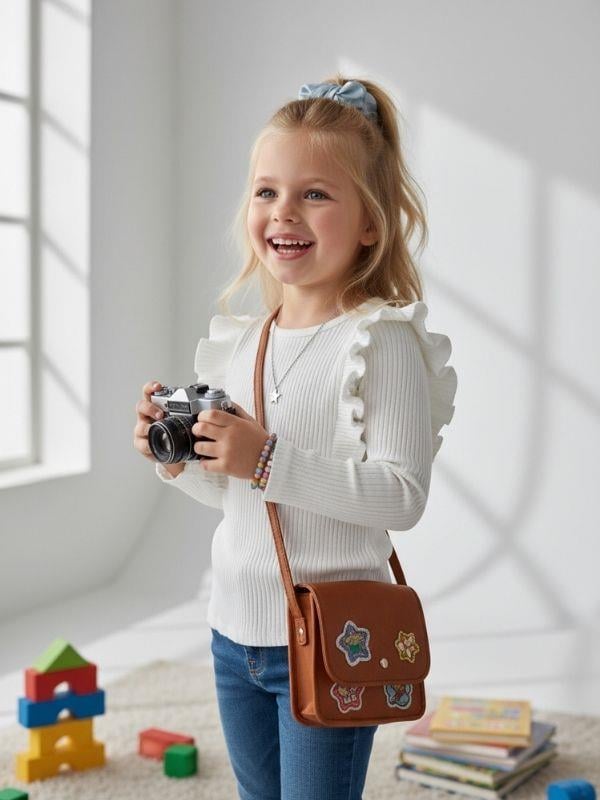 Kız Çocuk Pamuklu Fırfır Detaylı Basic Fitilli Bluz