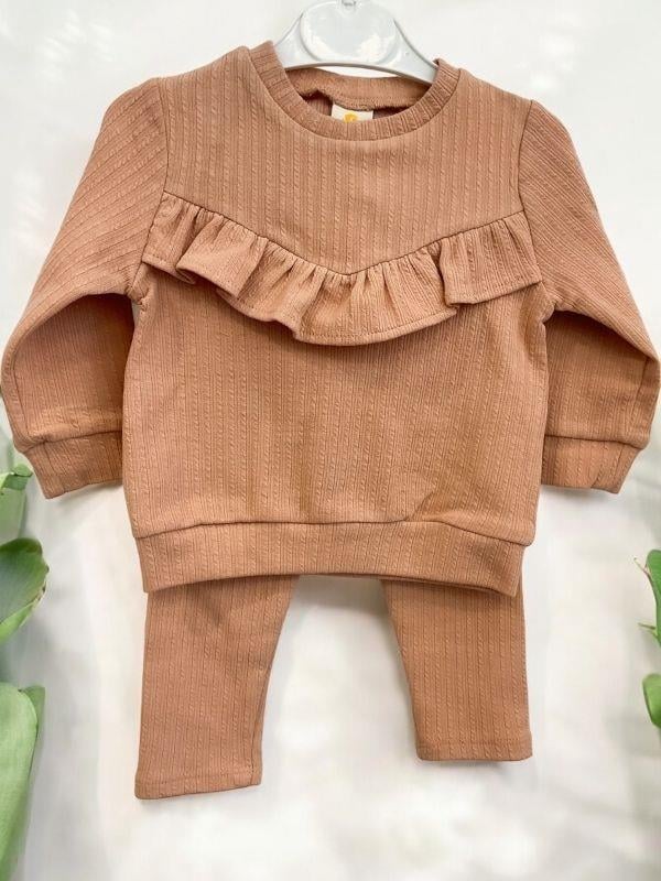 Kız Çocuk Pamuklu Fırfır Detaylı Taytlı Takım