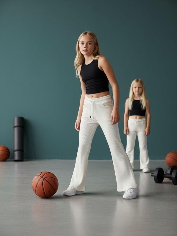 Kız Çocuk Pamuklu Fitilli Beli Lastikli İspanyol Paça Eşofman Altı