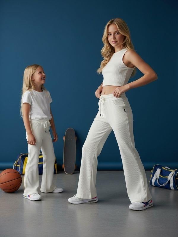 Kız Çocuk Pamuklu Fitilli Beli Lastikli İspanyol Paça Eşofman Altı