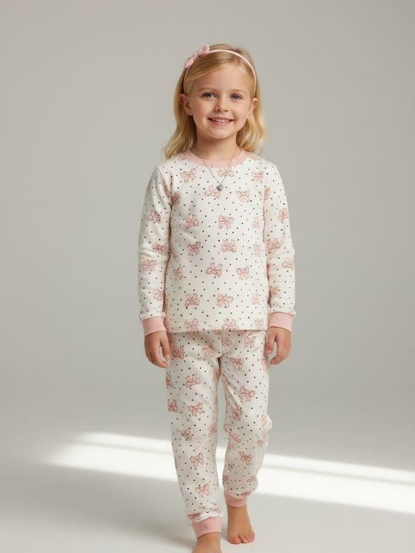 Kız Çocuk Pamuklu Fiyonk Baskılı Pijama Takımı