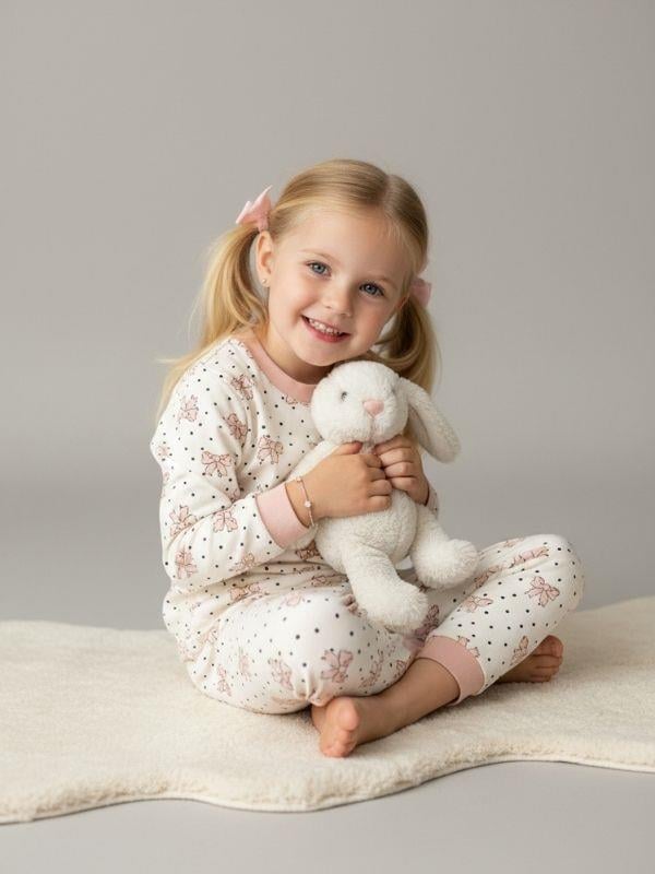 Kız Çocuk Pamuklu Fiyonk Baskılı Pijama Takımı