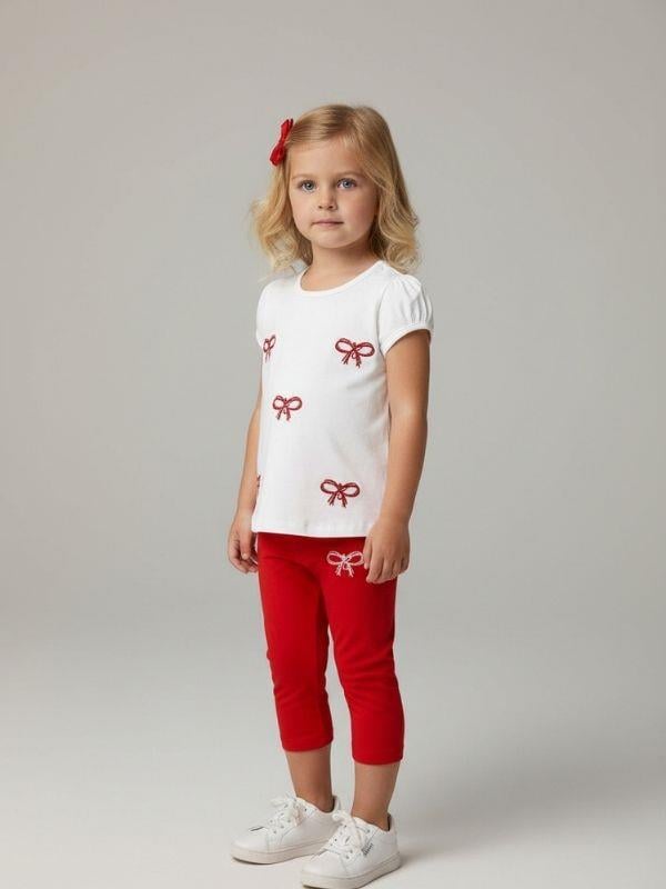 Kız Çocuk Pamuklu Fiyonk Desenli Taytlı Takım