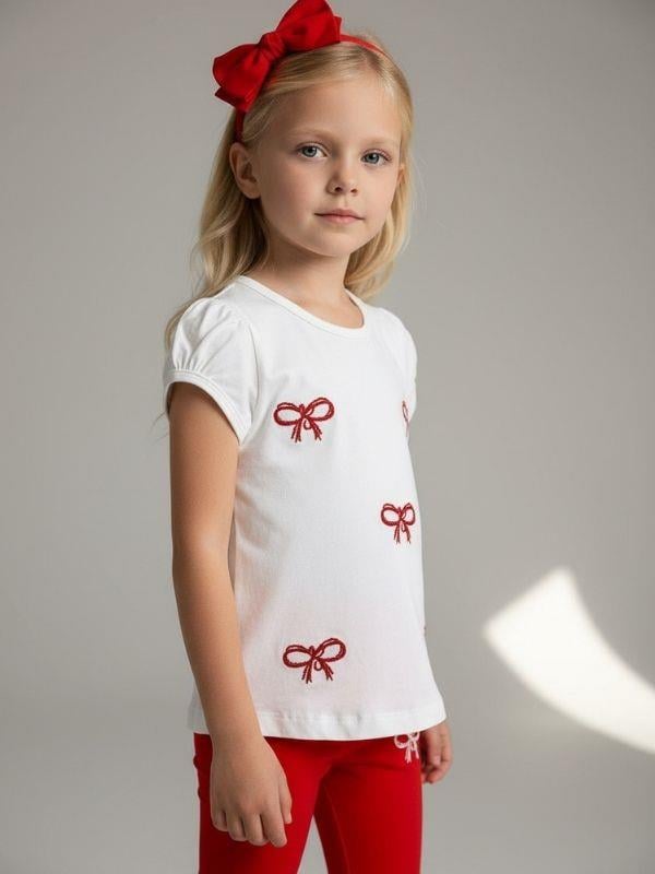 Kız Çocuk Pamuklu Fiyonk Desenli Taytlı Takım