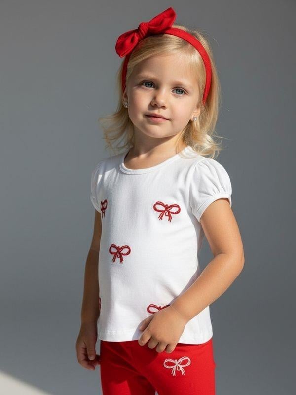 Kız Çocuk Pamuklu Fiyonk Desenli Taytlı Takım