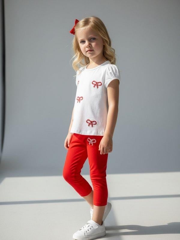 Kız Çocuk Pamuklu Fiyonk Desenli Taytlı Takım