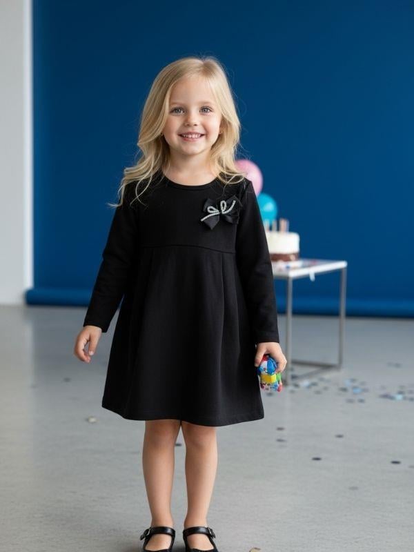 Kız Çocuk Pamuklu Fiyonk Detaylı Siyah Elbise