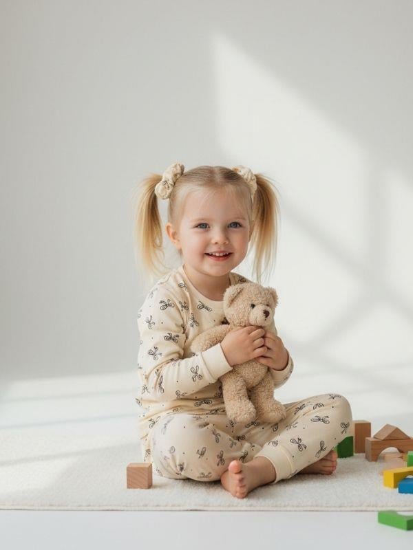 Kız Çocuk Pamuklu Fiyonklu Pijama Takımı