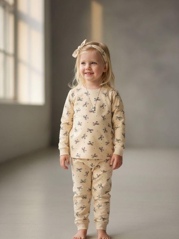 Kız Çocuk Pamuklu Fiyonklu Pijama Takımı