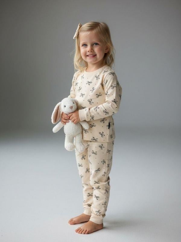 Kız Çocuk Pamuklu Fiyonklu Pijama Takımı