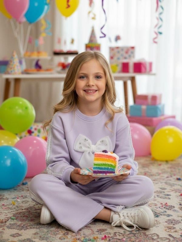 Kız Çocuk Pamuklu Fiyonklu Taşlı Takım