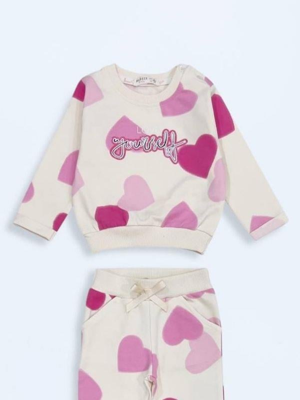 Kız Çocuk Pamuklu Kalp Desenli Eşofman Takım