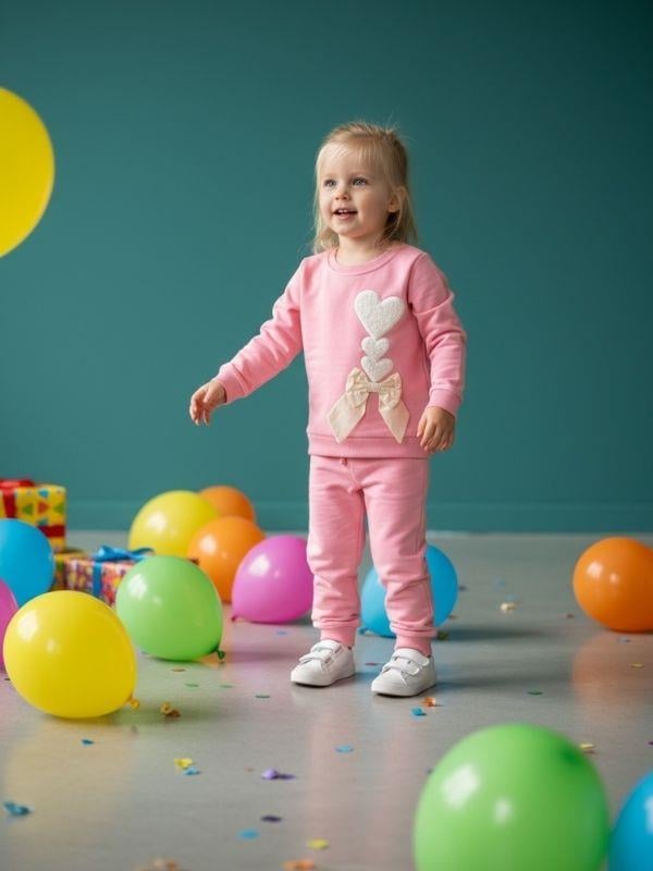 Kız Çocuk Pamuklu Kalp Detaylı Eşofman Takım