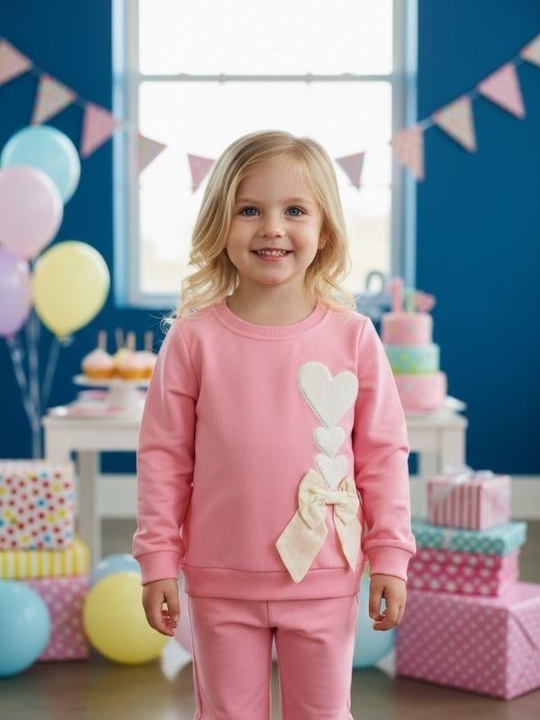Kız Çocuk Pamuklu Kalp Detaylı Eşofman Takım