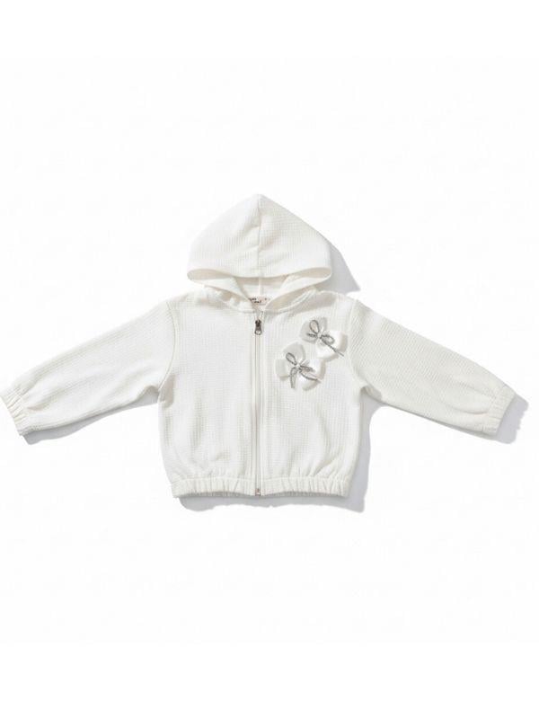 Kız Çocuk Pamuklu Kapüşonlu Dokulu Kumaş Fiyonk Detaylı Fermuarlı Hırka