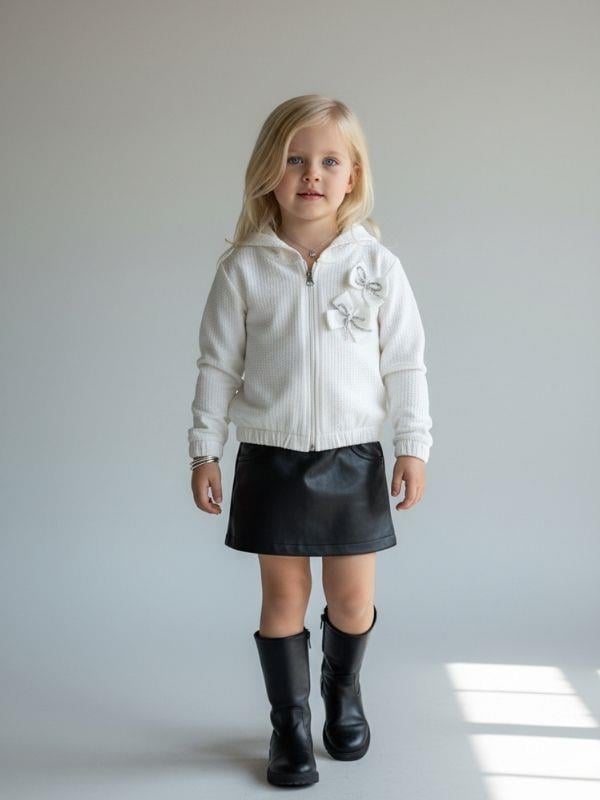 Kız Çocuk Pamuklu Kapüşonlu Dokulu Kumaş Fiyonk Detaylı Fermuarlı Hırka