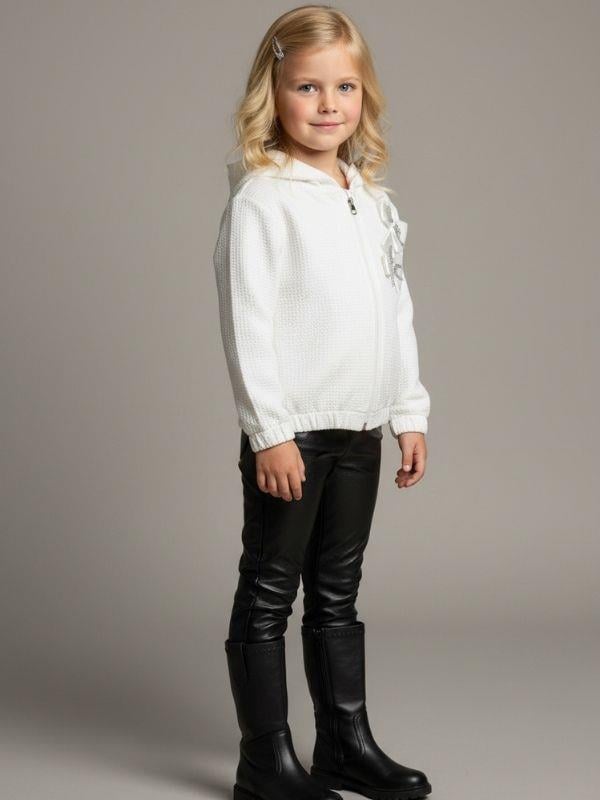 Kız Çocuk Pamuklu Kapüşonlu Dokulu Kumaş Fiyonk Detaylı Fermuarlı Hırka